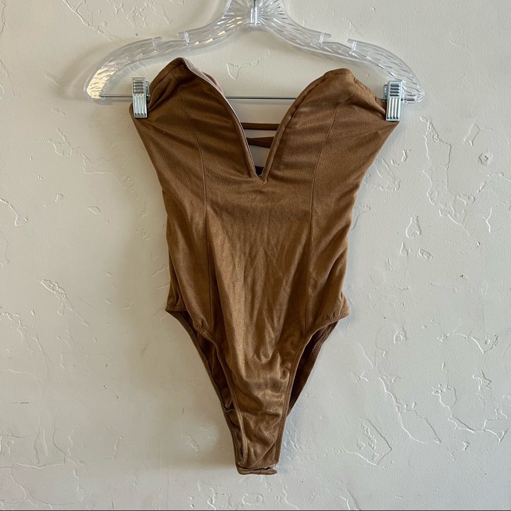 Meek Tan Faux Suede Plunge Neck Bodysuit Small